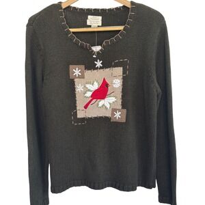Christopher &‎ Banks Cardinal Embroidered Sweater Knit Long Sleeve Green Women L